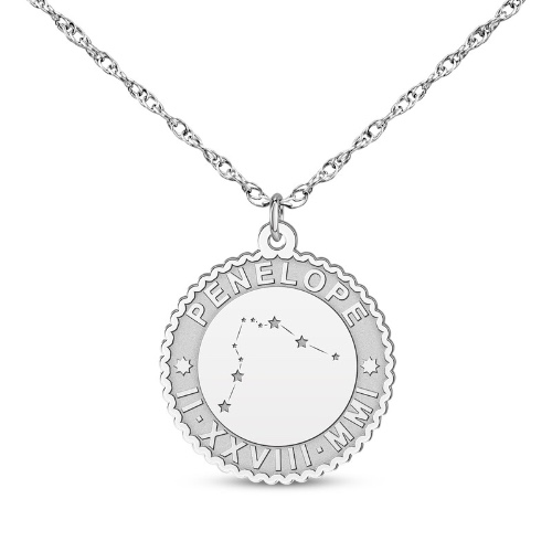 "Aquarius" Scalloped Name & Date Constellation Necklace Sterling Silver 18"