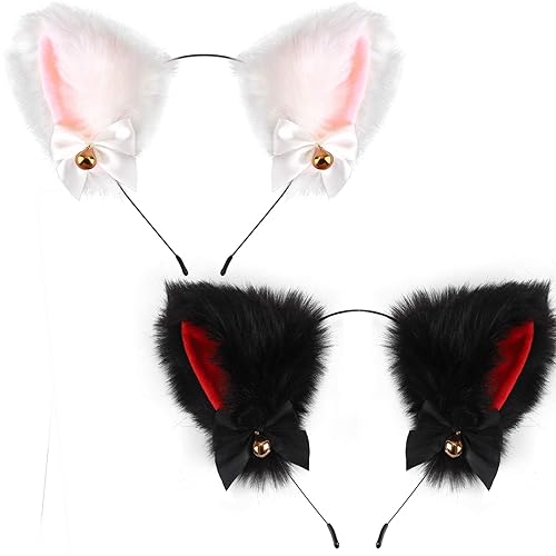 Cat Ears Headband Cosplay Girl Plush Furry Neko Ears Cosplay Costume Party Headbands for Women Girls Kids - 2pcs (Black+white)-02