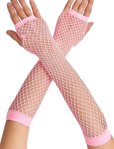 OTPEH Lone Fishnet Gloves Fingerless For Women Fish Net Arm Sleeve Mesh Emo Goth Punk 80s Scene Accessories - 02-pink2 - One Size