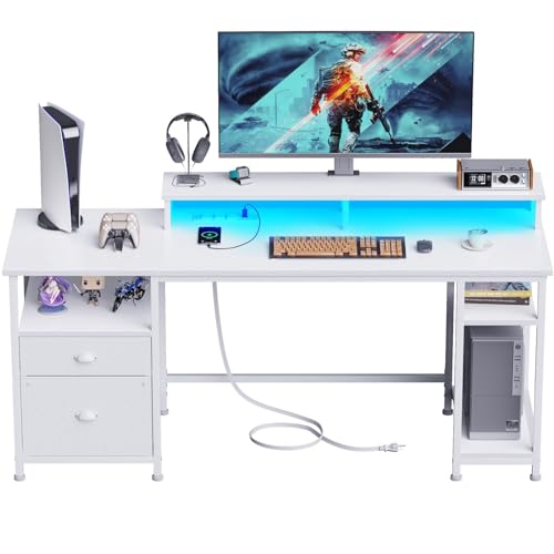 Furologee 61" Desk with LED Light & Power Outlets, Reversible Computer Desk with File Cabinet & Drawer, White Gaming Desk Writing Table with Dual Monitor Stand, for Home/Office/White - White - 61in with Outlets
