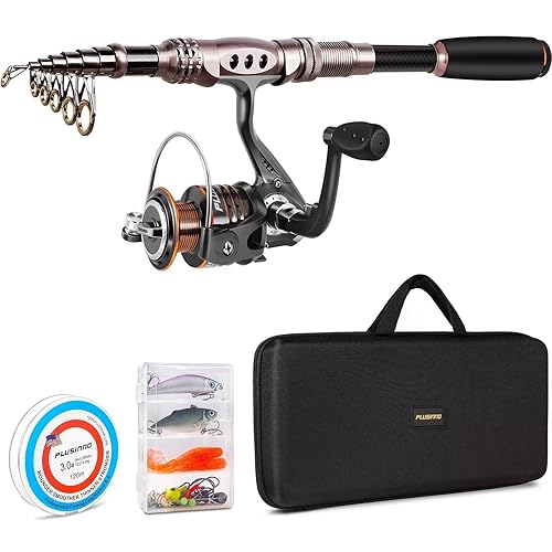 PLUSINNO Fishing Rod and Reel Combos Carbon Fiber Telescopic Fishing Pole with Reel Combo Sea Saltwater Freshwater Kit Fishing Rod Kit - Full Kit with Carrier Case - 1.8M 5.91FT - Ambidextrous