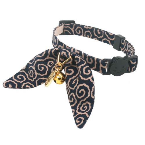 PetSoKoo Cute Bunny Ears Bowtie Cat Collar with Bell, Ancient Arabesque Print, Japan Lucky ’開三運’ Charm. Safety Breakaway, Soft, for Girl Boy Male Female Cats - Standard (8-12inch,20-31cm) Navy