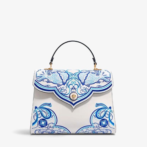 Embroidery Leather Blue Tote Bag Fortune Koi Fish Handbag | White / Single Bag