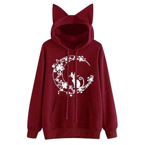 YEBIRAL Damen Kapuzenpullover mit Katze Ohren Hoodie Sweatshirt Pullover Oberteile Cat Druck Langarmshirt Gothic Tops Bluse - XXL - Weinrot