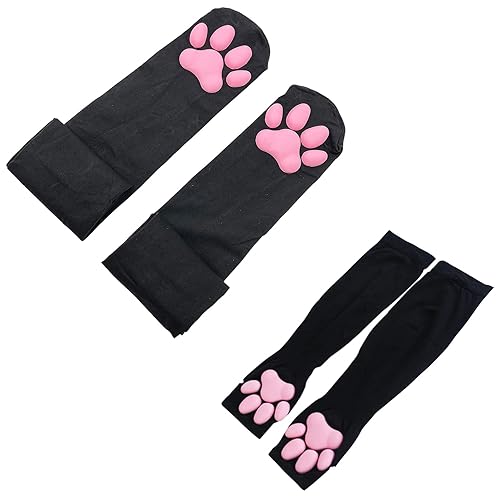 ZTVOWTO Cat Paw Pad Oberschenkelhohe Socken, Rosa 3D-Kätzchenkralle, elastische Strümpfe, niedliche Cat Paw Pad, Cosplay-Socken für Mädchen und Frauen - 15 - Schwarz-1