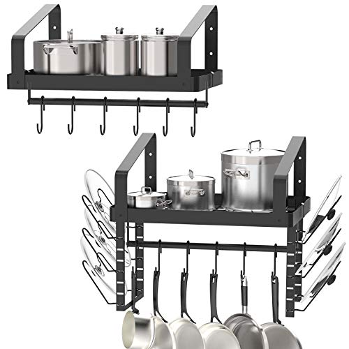 X-cosrack Pot Racks Wall Mounted Set of 2,with Towel Bar and Pots Pans Lids Organizer, Kitchen Cookware Hanging Shelves with 12 Hooks, Black - 11.8"D x 16.9"W x 10.6"H