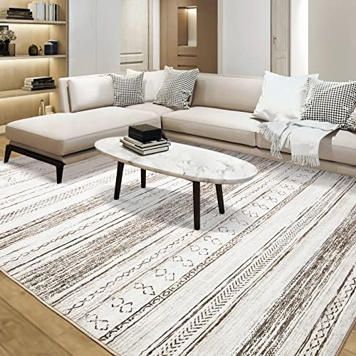 Area Rug Living Room Rugs - 6x9 Washable Large Soft Neutral Boho Moroccan Bohemian Farmhouse Rug Indoor Floor Carpet for Bedroom Under Dining Table Home Office Decor - Cream Brown - 6' x 9' - Cream/Brown
