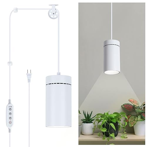 HMVPL Hanging Grow Light for Indoor Plant Full Specturm, Plug in Plant Light with 4000K 40W COB Grow Light Bulb, Small Grow Lamp with Pulley, 4/8/12H Timer for Indoor Seed Plant Flower Output(19ft) - White