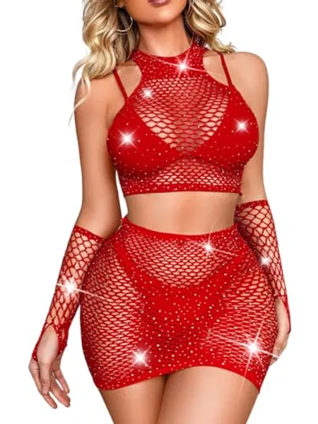 Kaei&Shi Rave Outfits for Women Festival,Glitter Rhinestone Fishnet Skirt Set,Sexy Mesh Swimsuit Cover Up Pool Party Outfit