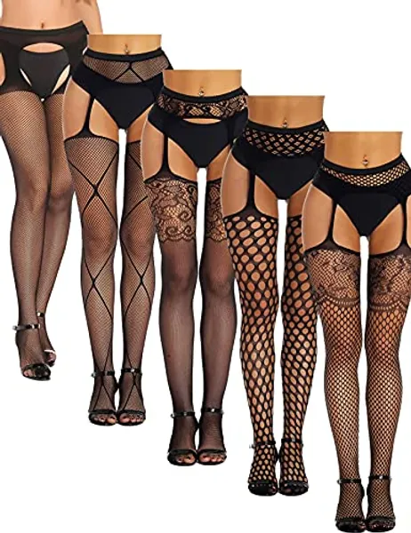 SOUTHRO 5 Pairs Fishnet Thigh High Garter Stockings Patterned Tights for Women,Garter Belt Set & Suspender Pantyhose for Girl
