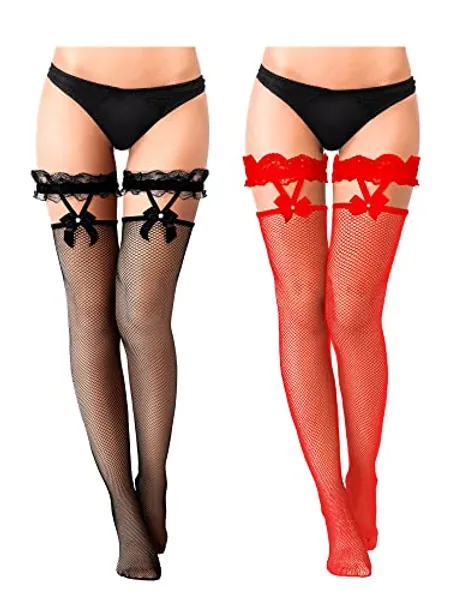 SATINIOR 2 Pairs Lace Top Fishnet Stockings Bow Suspenders Thigh High Stockings Mesh Hold up Stockings for Women