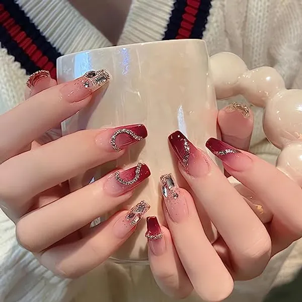 IMSOHOT Press on Nails Coffin Long French Tip Fake Nails Red Rhinestone Full Cover Ballerina False Nails with Designs Cute Acrylic Glue on Nails for Women 24pcs