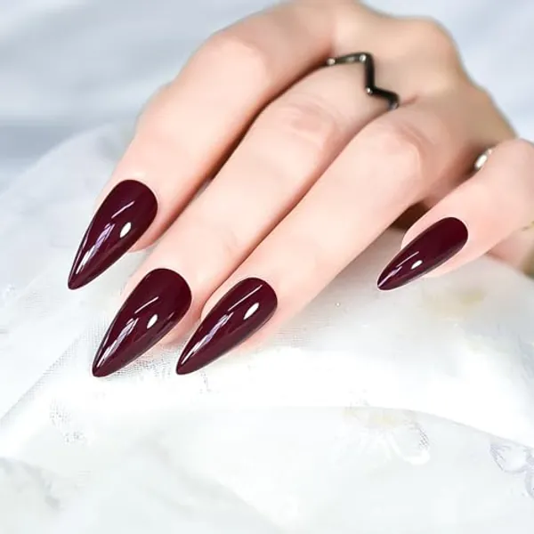 24pcs Dark Burgundy Press On Fake Nails Medium Long Stiletto Sharp Pointed False Nail Tips Glossy Full Cover Stick On Acrylic Nails For Women And Girls