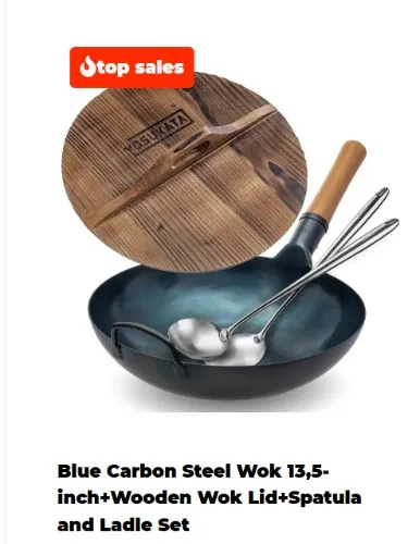 YOSUKATA Blue Carbon Steel Wok 13,5-inch+Wooden Wok Lid+Spatula and Ladle Set