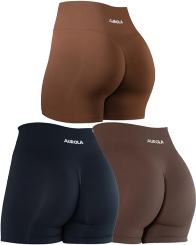 AUROLA Dream Workout Shorts for Women Seamless Soft Smooth Gym Yoga Scrunch Active Shorts - Dream - Small - Pack (Dark Black/Java Coffee/Cappuccino)