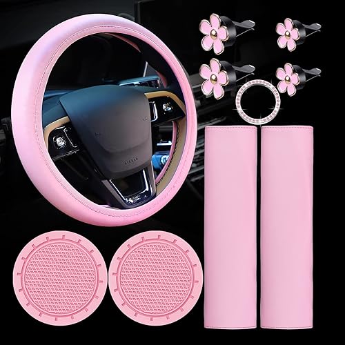 Frienda 10 Pcs Leather Steering Wheel Cover Set for Women 14.5-15 Inch Car Accessories with Seat Belt Shoulder Pad Seatbelt Cover Cup Holder Start Button Ring Sticker Air Vent Clip(Pink) - Pink
