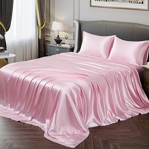 Vonty Satin Sheets Full Size Silky Soft Satin Bed Sheets Pink Satin Sheet Set, 1 Deep Pocket Fitted Sheet + 1 Flat Sheet + 2 Pillowcases - Full - Pink