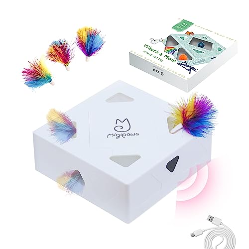 Migipaws Cat Toys, Interactive automatic Feather Mice 7 Holes Whack-A-Mole, Obsessed Fun for Indoor Cats, USB rechargeable 4pcs Feather Refills