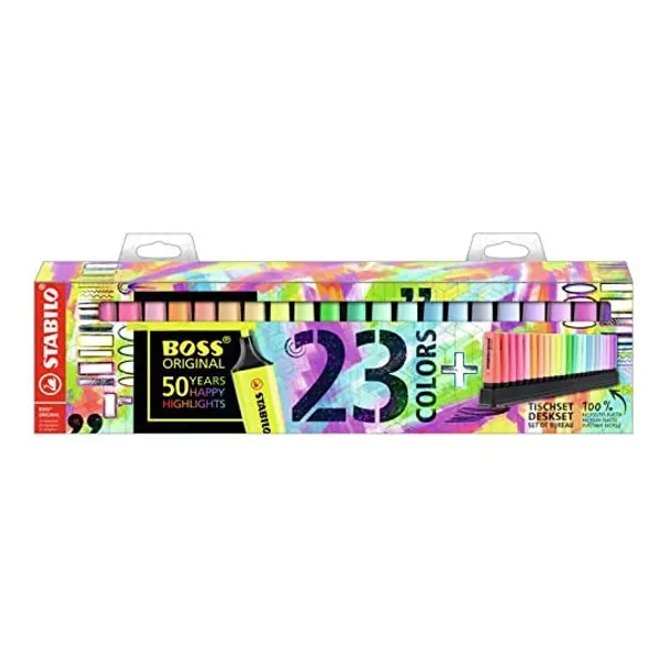 Evidenziatore - STABILO BOSS ORIGINAL Desk-Set 50 Years Edition - 23 Colori assortiti 9 Neon + 14 Pastel