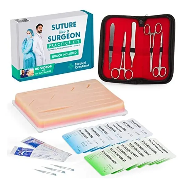 Kit di Pratica per Suture Medical Creations con bonus ebook (in inglese) - Cuscinetto di sutura in silicone riutilizzabile con kit di strumenti sviluppato da medici (Solo per scopo Educativo)
