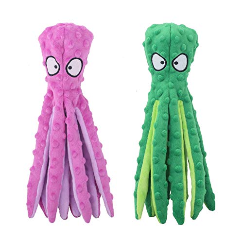 CPYOSN Dog Squeaky Toys Octopus - No Stuffing Crinkle Plush Dog Toys for Puppy Teething, Durable Interactive Dog Chew Toys for Small, Medium and Large Dogs Training and Reduce Boredom, 2 Pack - Purple+Green