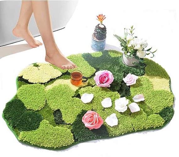 Hifuwan Cute Green Moss Shag Bathroom Rugs Leaf Bath Mats for Bathroom Decor Aesthetic Leaves Soft Non Slip Washable Aabsorbent Floor Carpet Boho Indoor Shower Mat Doormat - 20"x32" - Green Moss