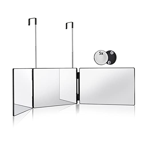 HIEEY 3 Way Mirror for Hair Cutting,360 Trifold Mirror with Height Adjustable Telescoping Hooks,and 5X Magnification Mirror,for Makeup, Hair Styling - Bright Black（without Led）