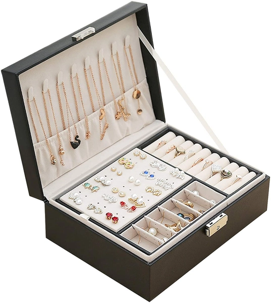 Sieradendoos 2 lagen PU-leer sieradendozen voor vrouwen meisjes tieners mannen juwelendoos sieraden organizer doos sieraden opslagdoos met slot verwijderbare verdeler voor oorbellen ringen kettingen horloge, zwart