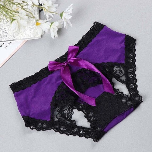 'Easy Access' Crotchless Bow Underwear, Open Crotch Panties. - Purple