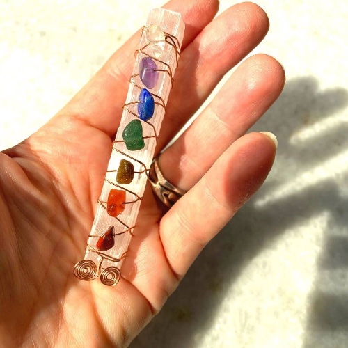 Selenite Wand with Chakra Gemstones and Copper Wire - Natural Selenite Wand
