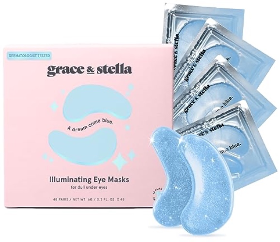 grace & stella Award Winning Under Eye Mask (Blue, 48 Pairs) Reduce Dark Circles, Puffy Eyes, Undereye Bags, Wrinkles, Gel Under Eye Patches, Birthday Gifts for Women - Vegan Cruelty-Free Self Care - 48 Count (Pack of 1) - Blue