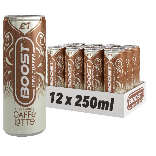 Boost Iced Coffee Caffe Latte, 12 x 250 ml, Ready-To-Drink Cold Brew Coffee Drink, The Perfect Caffeine Boost, A Smooth and Creamy Full-Bodied Blend of 100% Arabica and Robusta Beans with Milk