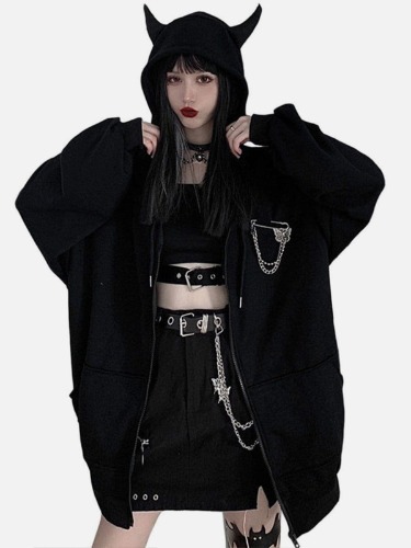 NEV Dark Little Devil Horn Zip Up Hoodie | Black / ONE