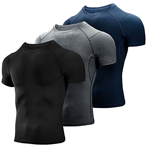 Niksa 3 Pack Compression Tops for Men Short Sleeve Mens Running Top Mesh Design Quick Dry Base Layer Top for Gym Sports Fitness Workout Cycling,Training - S - Black-gray-navy