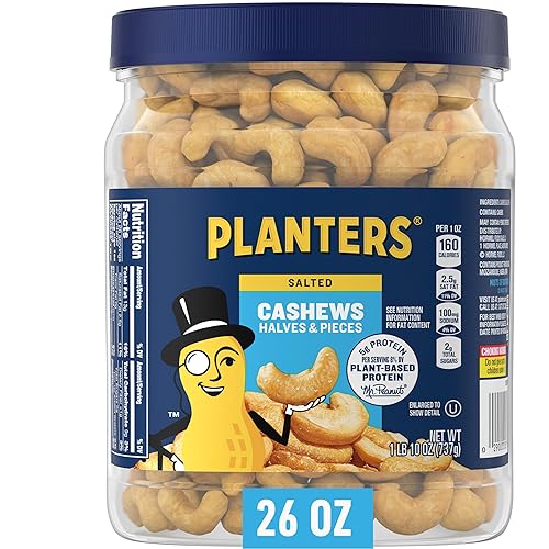 PLANTERS Salted Cashew Halves & Pieces, Party Snacks, Plant-Based Protein, Quick Snack for Adults, After School Snack, Roasted Cashews, Flavored with Sea Salt, Bulk Nuts, Kosher, 26oz Canister - Salted - 10 Ounce (Pack of 1)