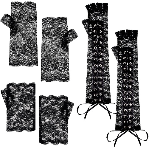 SATINIOR 3 Pairs Women Lace Fingerless Gloves Include Short Lace Gloves Elbow Lace up Steampunk Glove for Cosplay Party - Black Sweet Style