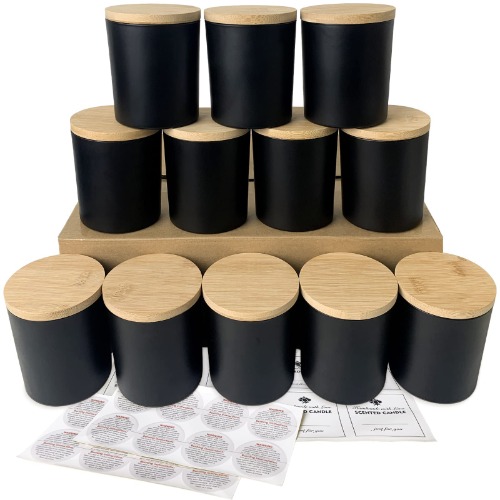 12-Pack of 10 OZ Matte Black Glass Candle Jars w/Bamboo Lids