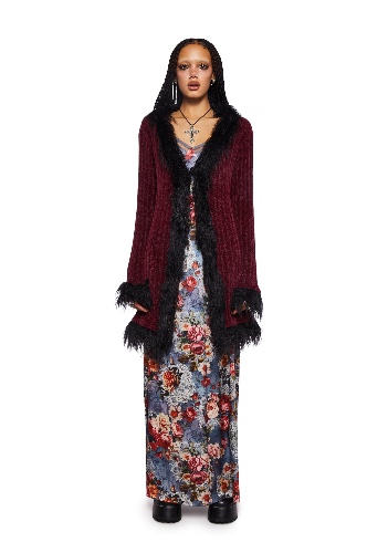 Furry Foe Long Cardigan-Burgundy | DARK RED / Medium/Large