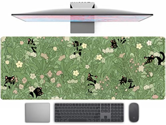 Cute Green Leaves Pink Flowers Mouse Pad Desk Pad Kawaii Anime Cat Desktop Protector Decor Desk Mat, XL Large Gaming Mousepad for Girl Women Laptop Computer Keyboard and Mouse Mat 31.5x11.8 in - Green Leaf Black Cat