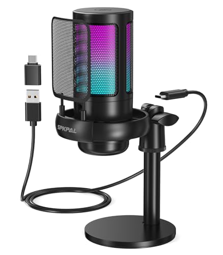 SPKPAL USB Microphone for PC, Podcast Microphone with RGB Light, Mute Button, Gain Knob for PS4/5, Mac, Phone, Gaming Mic with Pop Filter, Metal Stand, Headphones Jack for Streaming, Recording, Chat