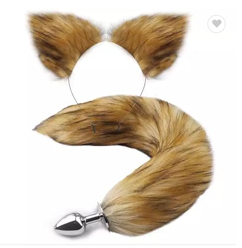 Cat Tail but Plug/Fox Tail Anal Plug Toy, with Sexy cat Ears Cosplay Party Exotic Sensational Toy Set Animal Furry Tail and Ears (Brown White - brown white