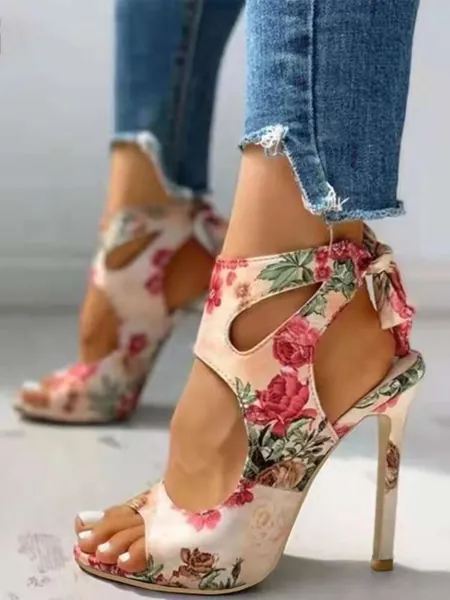 Damen Sandalen mit Blumen Muster und Stiletto Absatz, Mode Sommer Sandaletten