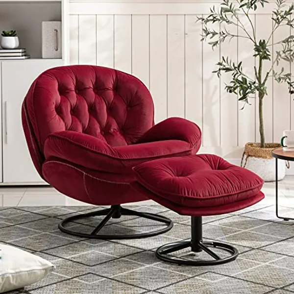 JOYBASE Lounge Chair with Ottoman, Swivel Accent Chair with Ottoman, Velvet Armchair, Mid-Century Modern Lounge Chair and Ottoman Set, Reading Chair for Living Room Indoor Bedroom (Dark Red)