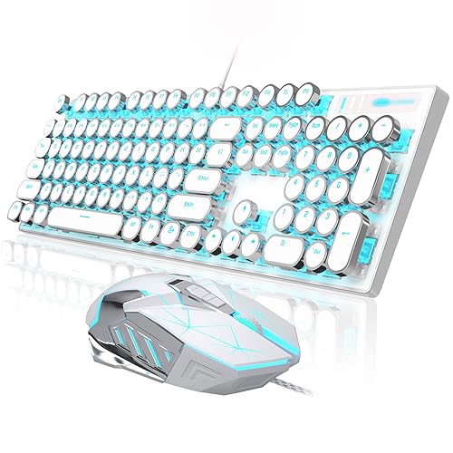 Retro Typewriter Keyboard and Mouse Combo, Cute White Keyboard with Linear Red Switches, Full Size Wired Mechanical Gaming Keyboard, Cool Light Up Keyboard and Mouse for Gaming,Work,Mac,PC,Windows - white set