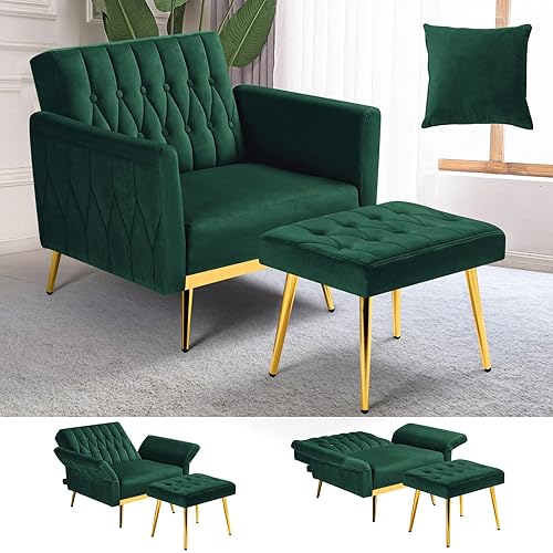 ACMEASE Velvet Accent Chair with Adjustable Armrests and Backrest, Button Tufted Lounge Chair, Single Recliner Armchair with Ottoman and Pillow for Living Room, Bedroom, Green - Green