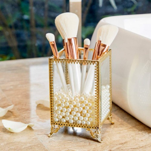 PuTwo Makeup Brush Holder Glass and Brass Vintage Makeup Brush Organizer Handmade Cosmetic Brush Storage with White Pearls for Dresser Vanity Countertop - Gold - 