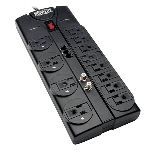 Tripp Lite TLP1208TELTV 12 Outlet Surge Protector Power Strip, 8ft Cord, Right-Angle Plug, Tel/Modem/Coax Protection, RJ11, & Dollar 150,000 Insurance Black - 12 Outlets + Phone/Modem/Coax - Phone/TV