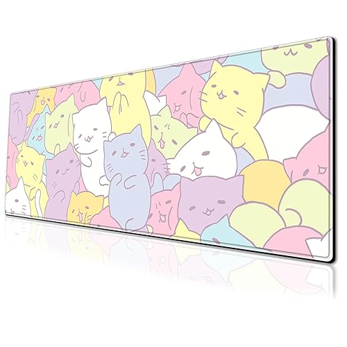 Anime Cute Cat Gaming Mouse Pad Colorful Large Desk Mat, 31.5x11.8 Inch Mousepad Extended Non-Slip Rubber Base Keyboard Mat with Stitched Edges for Desk Home Office - Colorful Cat