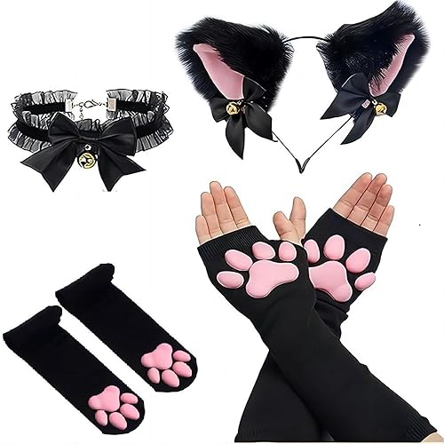 xbuk Plus Size Cat Paw Thigh High Socks，3d Kitten Claw Pad Socks Golves for Thick Thighs Cute Fat Girl Cosplay - 0-1 - Black Set