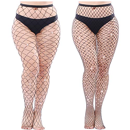 Aneco 2 Pairs Plus Size Sparkle Diamond Fishnets Sexy Black Tights - X-Large-4X-Large Plus - Color B